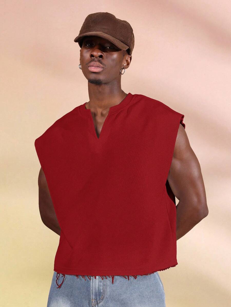 SUMWON Sleeveless V Neck Tank Top Casual Summer Cropped Tee Basic Wardrobe Essential Fashion Statement Piece Plain - Red - View 1