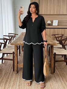 Weeklong Plus Size Women Contrast Color Ruffle Trim Casual 2 Pieces Set, Spring/Summer Black Blouses For Women
