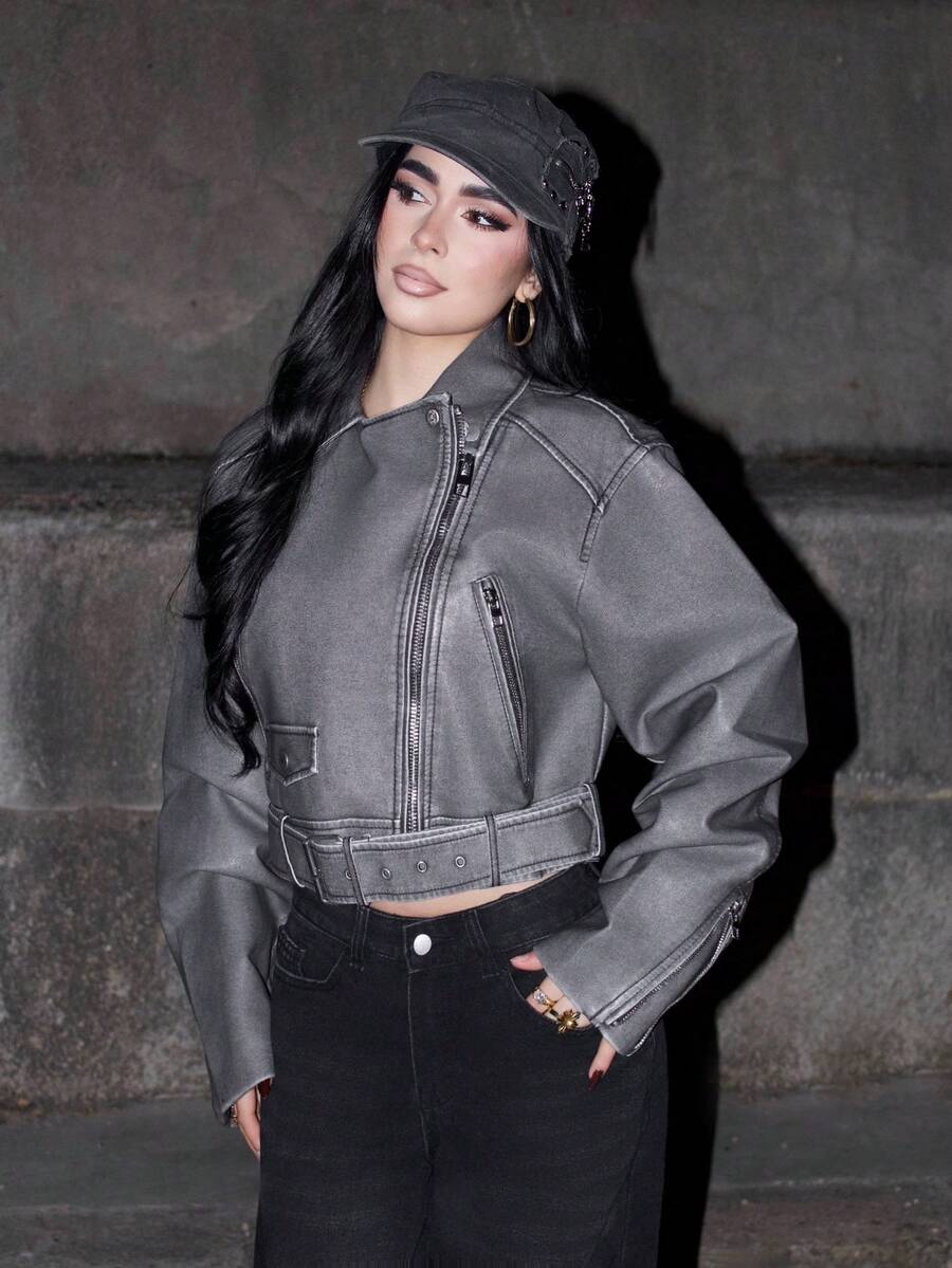 Fashion Zip Up Belted Crop Moto Jacket Fall Winter Cloth For Women - Grey - View 1