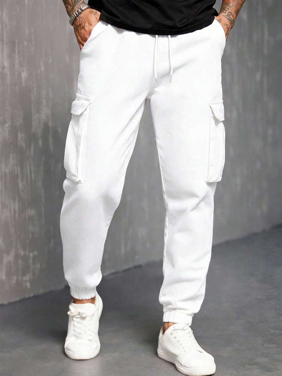 Manfinity Homme 男士抽绳腰带工装口袋宽松休闲牛仔裤 - 白色 - 查看 1