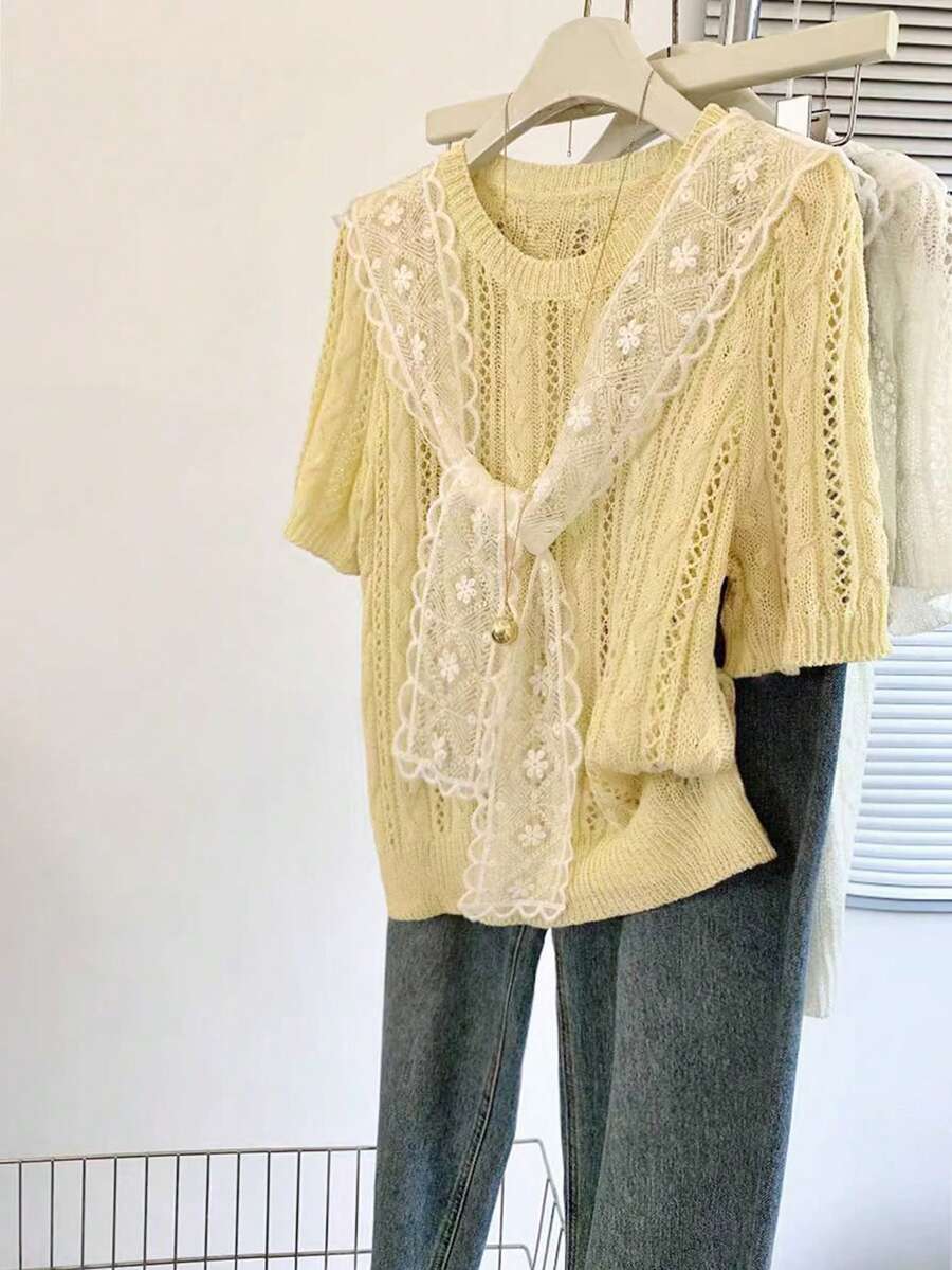 SHEIN LUNE 2026 Plus Size Women's Fashion Casual Simple Versatile Short-Sleeve Round Neck Lace Yellow Sweater Perfect For Everyday Wear - Yellow - View 1
