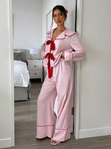 Aloruh Bộ đồ ngủ 2 món thường ngày thu/đông mới dành cho nữ, áo sơ mi hồng cổ bẻ viền tương phản, quần hồng rộng rãi, phù hợp cho Giáng sinh & Ngày lễ tình nhân - Hồng - Xem 8