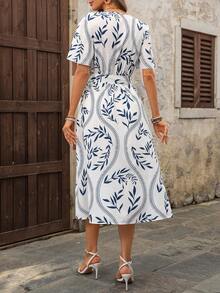 EMERY ROSE 女士休闲度假植物印花短袖连衣裙 - 藍白色 - 查看 2