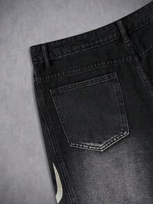 Manfinity ZONE917 男女皆宜的美式水洗黑色刺绣牛仔裤 - 黑色 - 查看 6