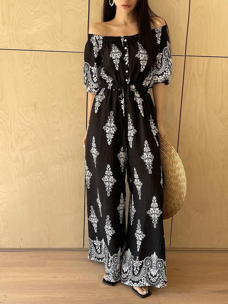 Women's Off-Shoulder Vacation Style Printed Loose Straight Leg Jumpsuit, Casual City Wear Summer Romper