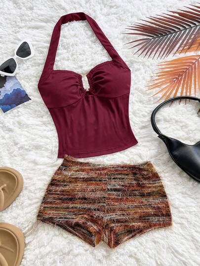 Soleia Spring/Summer New Casual Vacation Western Beach Wedding Guest Attire Graduation Brunch Women's Outfit, St. Patrick's Day Spring Break Easter Music Festival Elegant Boho Tropical Chic Date Outing Shopping, Brown Textured Knit 2-Piece Set
