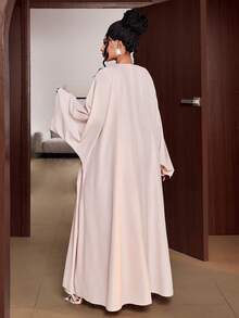 Maweii Blush Pink, Summer, Elegant, Formal, Wedding Ninang Loose Batwing Sleeve Cardigan & Sparkling Chain Decor Cinched Waist Maxi Dress Set, Plus Size High-Quality - Pink - View 6