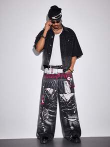 ROMWE MEN Men's Casual Fashion Street Style Printed Loose Wide-Leg Jeans, Belt Not Included - Black - View 8