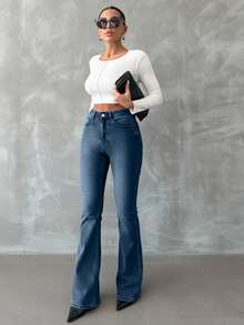 EURMUSE 98% Baumwolle Skinny Flare Jeans mit Reißverschluss PETITE - Blau - Übersicht 6
