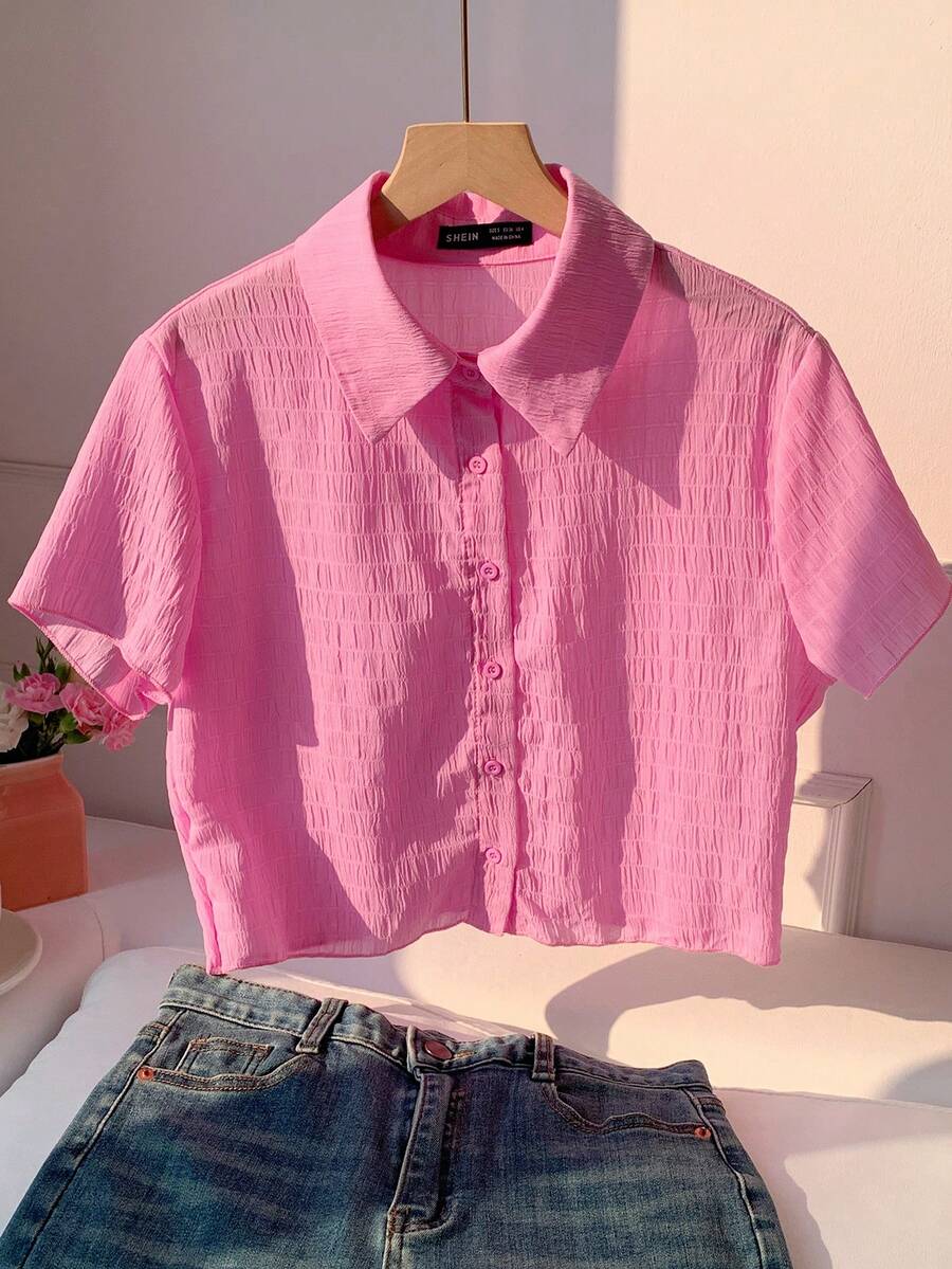 Comfortcana Pink Textured Knit Fabric Button Front Short Sleeve Shirt Button Up Top Women Shirts Summer Crop Shirt For Women Cropped Shirts Cropped Button Up - Pink - View 1