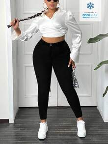 Slaydiva Plus Size Solid Color Slim Fit Casual High Waist Versatile Daily Jeans - Black - View 4