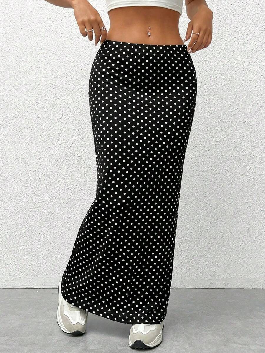 SHEIN EZwear 女士休闲复古波点印花修身长款针织裙 - 彩色 - 查看 1