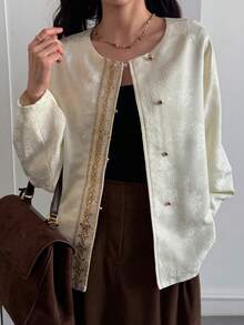 DAZY 女士刺绣前扣圆领优雅长袖常规外套 - 白色 - 查看 6