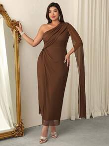 Firerie 大码优雅纯色单肩扭结连衣裙 - 棕色 - 查看 8