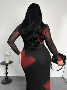 Firerie 大码女式碎花优雅收腰长袖连衣裙，适合约会和派对穿着 - 黑色 - 查看 2