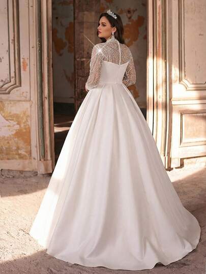 Glamrae Plus-Size Elegant Romantic Luxury Strapless Long-Sleeved Sheer Tulle Dress With Beaded Details And A Long Train - Bridal Gown/White Luxury Evening Dress