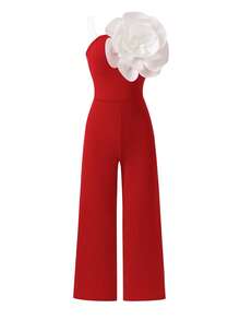 Firerie Kids Firerie Kids Bộ jumpsuit màu đỏ thanh lịch, kiểu dáng ôm sát, vai bất đối xứng, tối giản, họa tiết hoa 3D, thích hợp cho bé gái tuổi teen, dự tiệc, họp mặt, đám cưới, mùa xuân/hè. - Đỏ - Xem 2