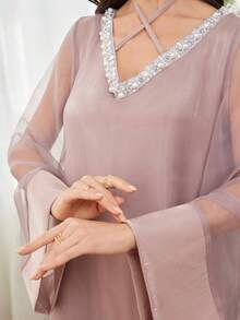 Al Najma 女士优雅水钻领网纱袖土耳其长款连衣裙，适合正式场合 - 粉色 - 查看 3