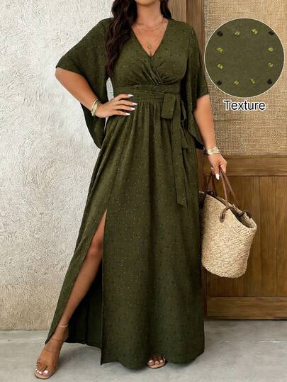 Weeklong Plus Size Women V-Neck Flare Short Sleeve Tie Waist Ruched Slit Elegant Party Dress