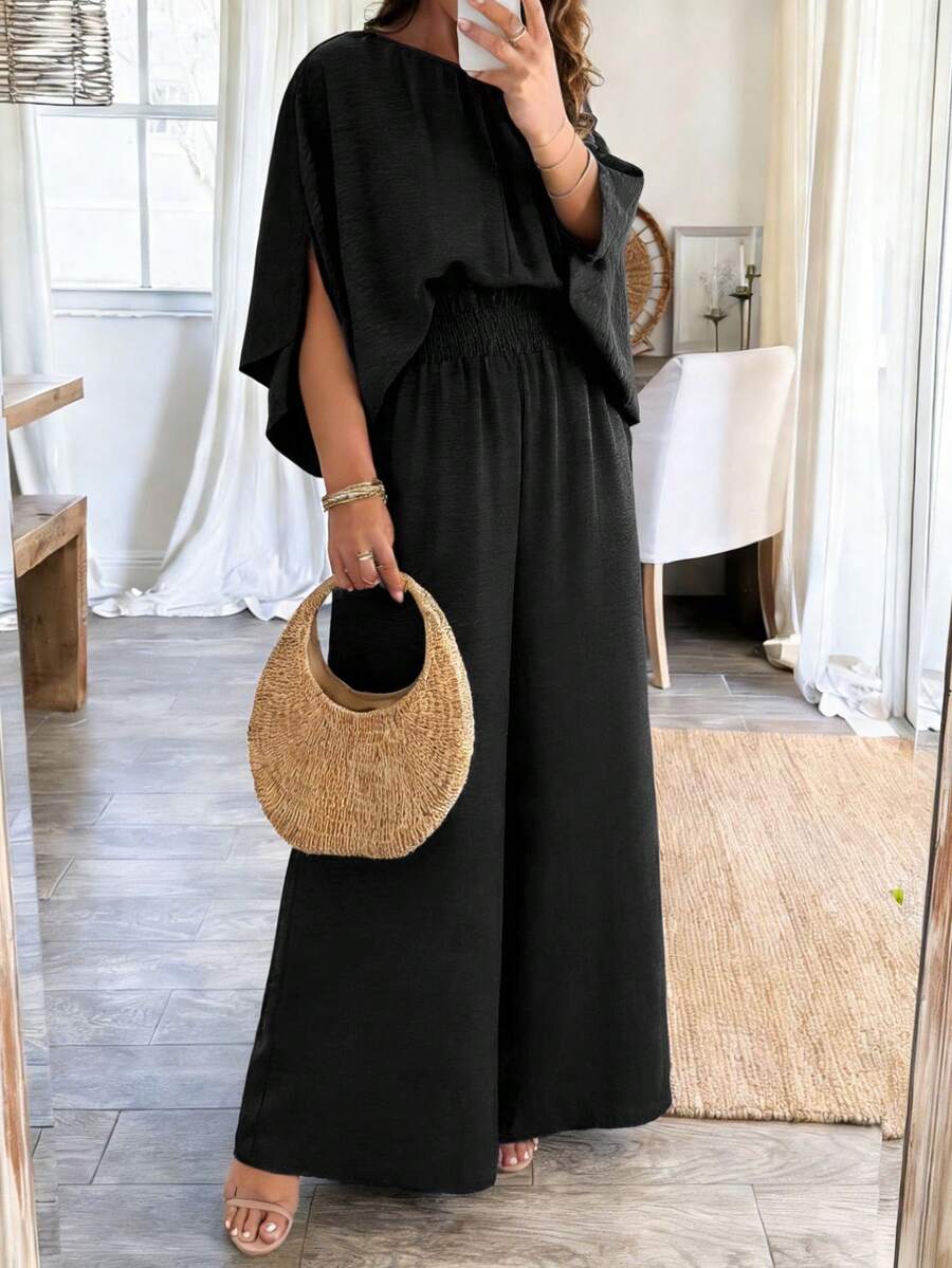 Weeklong Plus Size Women's Batwing Sleeve Cinched Waist Casual Jumpsuit, Suitable For Daily Commute, Spring/Summer - Black - View 1