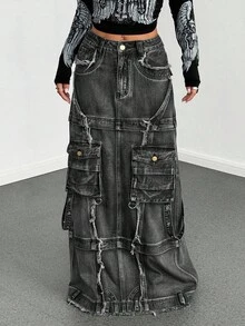 Jeanoix Plus Size Casual Tvättad Extra Lång Denimkjol - Grå - Visa 3