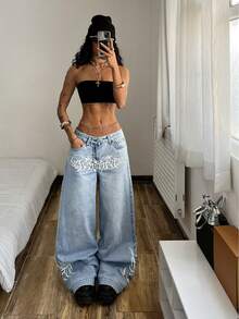 StreetHx 女士哥特图案口袋阔腿宽松休闲百搭牛仔裤 - 淺色水洗藍 - 查看 4