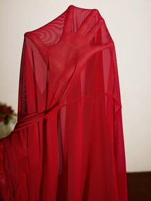Slumberist 2pcs Sexy Mesh Wide Sleeve Lace Trim Robe & Sheer Camisole Slip Dress Set 2piece Nightgown Lingerie Robe Set Red Night Gown Sheer Nightgown Mesh Robe - Red - View 6