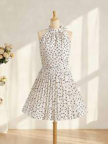 SHEIN 优雅时尚的立领吊带背心搭配高腰长款波点印花百褶裙，配有可拆卸大蝴蝶结，适合返校、毕业典礼、派对、日常穿着，春夏连衣裙 - 白色 - 查看 3