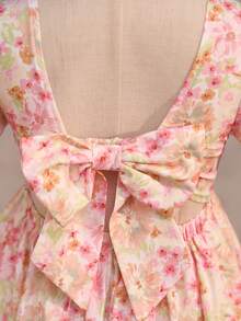 SHEIN Young Girl Cute & Elegant Floral Print Princess Dress,Open Back Puffy Short Sleeve Bow Dress For Kids Girl,Cerise Pink,Summer,Fairy,First Birthday - Multicolor - View 9
