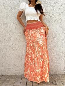 Sunnyshic 女士波西米亚印花半身裙，休闲假日日常穿着，春夏款 - 鵝黃色 - 查看 7