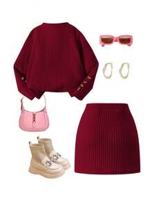 Elladie kids 2pcs/Set Girls (Small) Pink Textured Long Sleeve T-Shirt And Textured Button Skirt - Burgundy - View 2