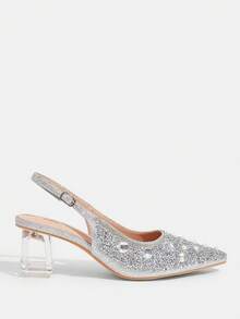 CUCCOO TILAWA Women's Crystal Heel Glass Rhinestone Pointed Toe Silver High Heel Pumps, Suitable For Outings, Banquets, Parties And Other Events - Silver - View 2