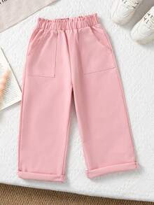 SHEIN Genkimix Kids Quần ống rộng dáng suông cho bé gái, màu hồng nhạt, thiết kế tối giản và nhẹ nhàng, cạp chun co giãn + túi tiện dụng, kiểu dáng mềm mại phù hợp cho hoạt động thể thao. Thích hợp cho các dịp xuân/thu như đi học, đi chơi, họp mặt gia đình, phong cách Hàn Quốc nhẹ nhàng. - Hồng - Xem 4