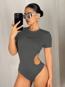 SHEIN ICON Y2K风格女士黑色高弹镂空轻薄无缝针织连体衣 - 灰色 - 查看 6