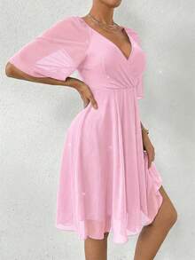 Rafferiza Mesh Embossed Ruffle Sleeve Waist Cinched Mini Dress - Pink - View 4