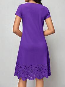SHEIN Clasi 女士纯色简约V领短袖休闲连衣裙 - 紫色 - 查看 2