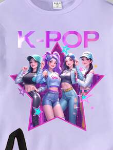 2件套少女休闲时尚创意个性清新简约可爱虚拟女团彩色五角星渐变紫色印花短袖T恤和打底裤套装，舒适日常穿着，适合春、夏、秋季穿着。女童打底裤套装，女童上衣和打底裤两件套，女童裤子和上衣紫色套装，适合K-Pop儿童穿着 - 彩色 - 查看 7