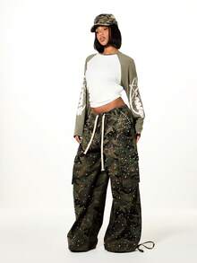 SUMWON WOMEN Low Rise Camouflage Cargo Pants With Pearl Rhinestone Embellishments Wide Leg Parachute Trousers Drawstring Waistband Military Inspired Baggy Pants - Army Green - View 5