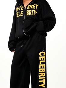 SUMWON WOMEN Bộ đồ thể thao nữ màu đen dáng rộng có khóa kéo, in chữ nổi tiếng màu vàng, quần ống rộng kiểu dáng thường ngày, gồm hai mảnh. - màu đen - Xem 5