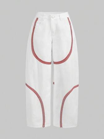ROMWE Avant Women's Loose Fit Low Waist White Jeans With Red Embroidered Graphic