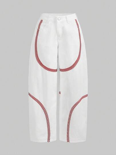 ROMWE Avant Women's Loose Fit Low Waist White Jeans With Red Embroidered Graphic