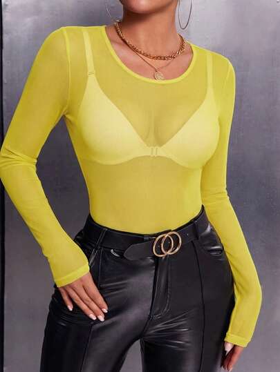 SHEIN SXY Women's Solid Color Sheer Sexy Round Neck Long Sleeve Top