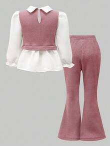 Dusty Pink Cute Tween Girls Knitted Striped Shirt Co-Ords With Collar Long Flare Sleeve And Ruffle Hem - Dusty Pink - View 2