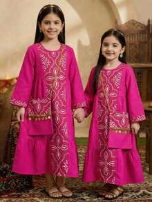 SHEIN Baby Girl Fuchsia Gold Woven Strap Multilayer A-Line Dress - Pink - View 1