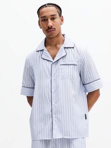 SUMWON Striped Short Sleeve Shirt And Shorts Pajama Set Two Piece Loungewear Summer Sleepwear Relaxed Fit Button Up With Contrast Trim - Blue - View 4