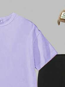 2pcs/Set Young Girls Casual Comfortable Fashion Versatile Creative Cute Cartoon K-POP Girl Star & Letter Print Short Sleeve T-Shirt And Leggings Set, Suitable For Spring/Summer Outdoor & Sports - Purple - View 5