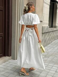 Livesso Round Neck Waist Cinched Lace Midi Dress For Women Summer Sundress - Beige - View 2