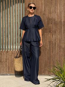 Livesso 两件套：女士镂空袖上衣和休闲裤 - 藍色 - 查看 5