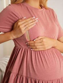 GentleRue Maternity Top casual de cuello redondo con volantes en el bajo, unicolor, para maternidad y lactancia, verano - Rosa vieja - Ver 4