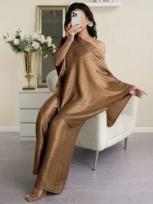 Modelyn 女士纯色不对称下摆蝙蝠袖上衣和阔腿裤时尚两件套 - 咖啡棕 - 查看 6